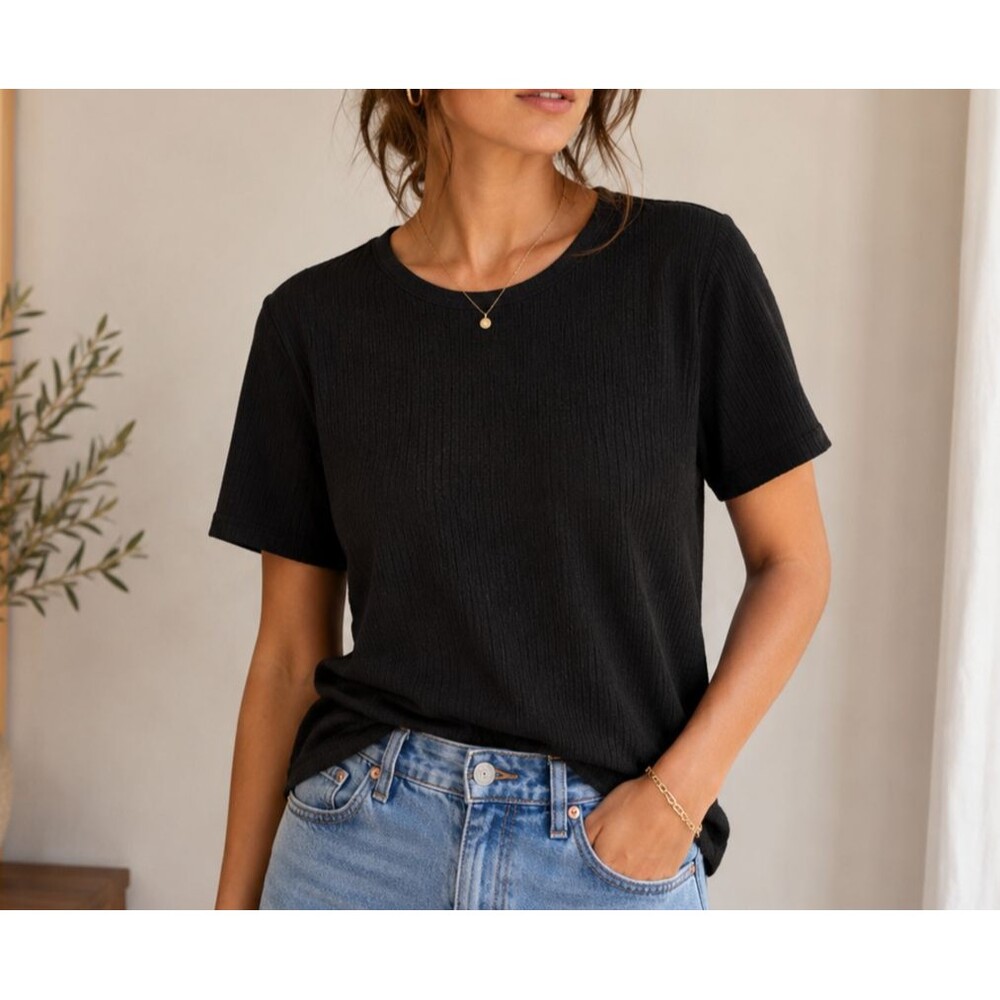 Vintage Bonworth Women's Black Ribbed Short Sleeved Round Neck Blouse Size PL